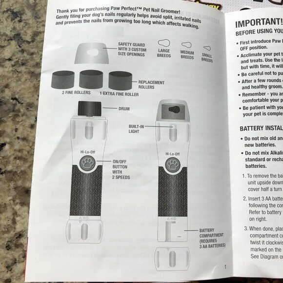 Bell + Howell PawPerfect Pet Nail Groomer Gentle Painless 3 Grooming Rollers CN - Picture 7 of 8